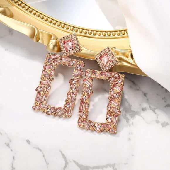 Yellow Gold with Peach Morganite Crystal Geometric Open Rectangle Post Earrings - Picture 2 of 5